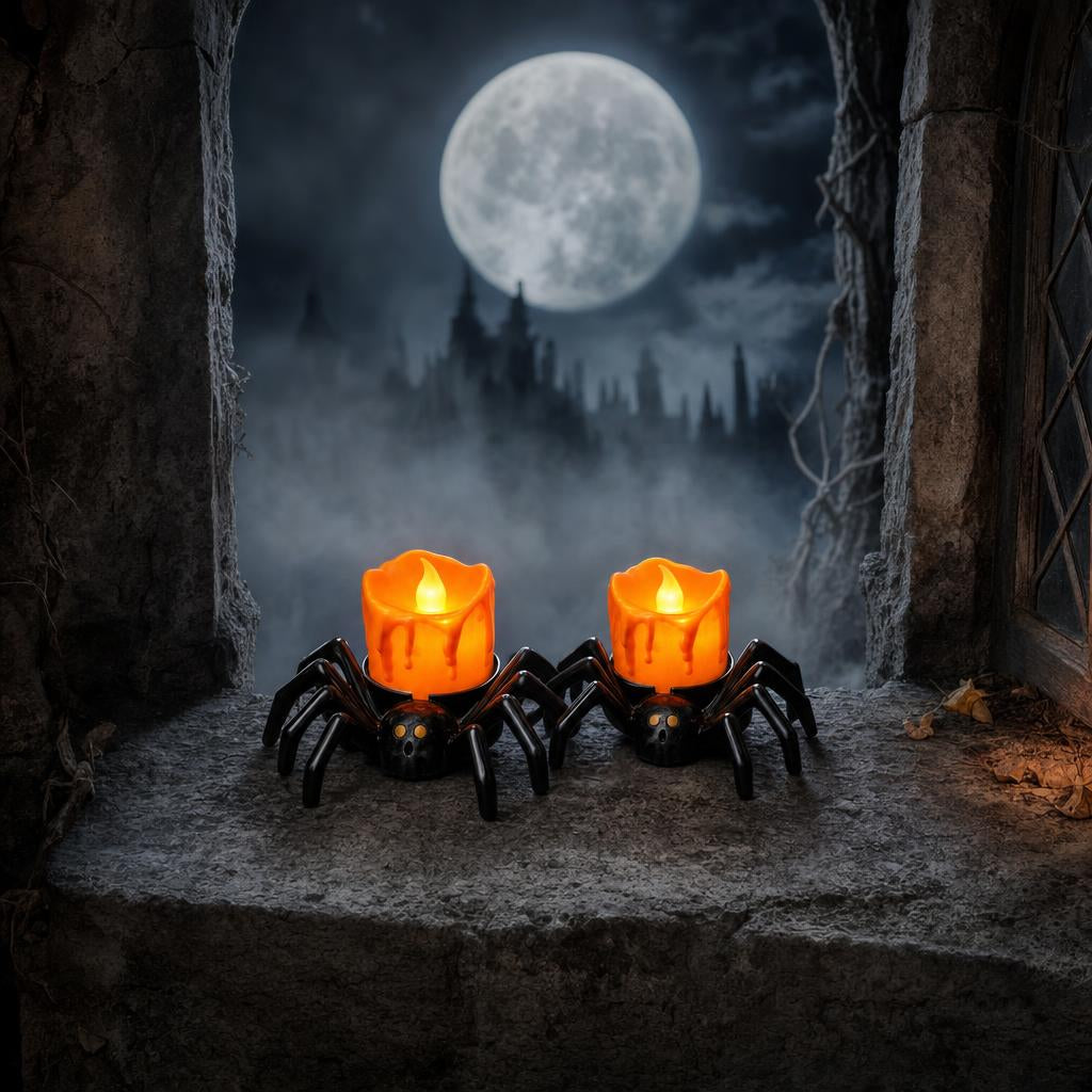 Two black spider LED candles glowing orange side by side on a stone windowsill under a full moon