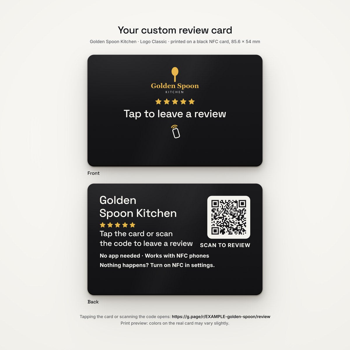 Example custom card: front with the Golden Spoon Kitchen logo and back with a QR code to the review link