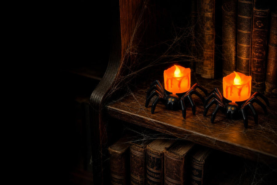 Two spider LED candles glowing on an antique bookshelf