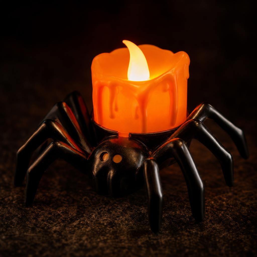 Close-up of the orange dripping-wax LED candle held by the black spider