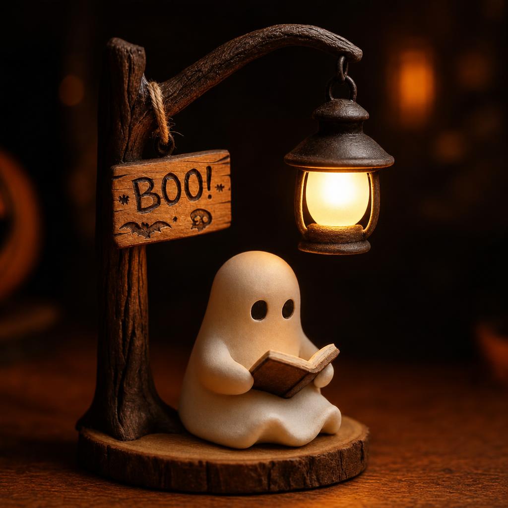 Close-up of the ghost reading its little book beside the BOO! sign