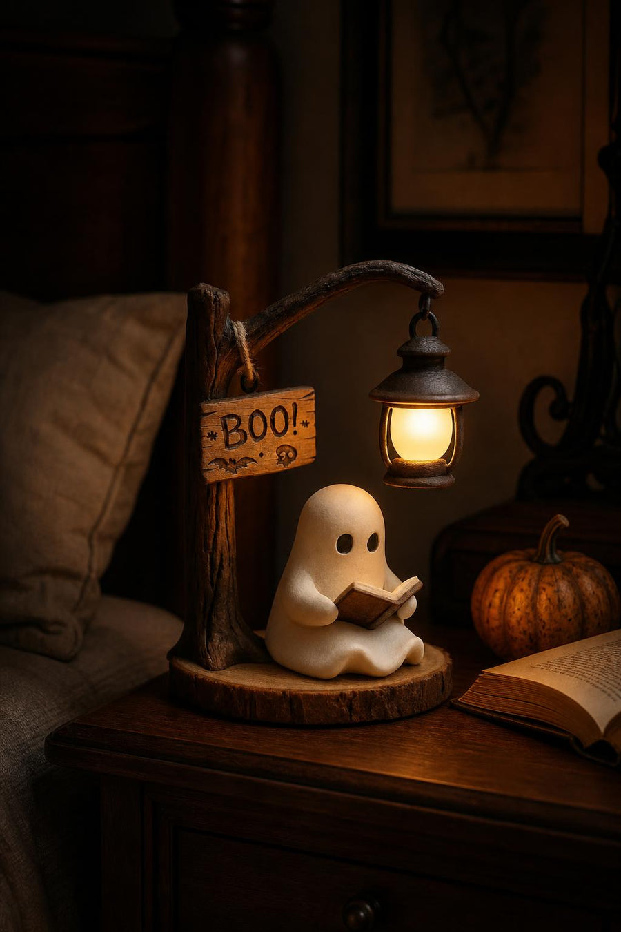 The ghost night light glowing on a nightstand next to a bed