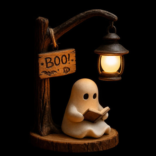 Cream-white resin ghost reading a book under a lantern and a BOO! sign, on black