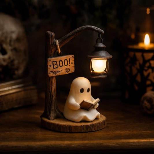 Ghost night light with a glowing lantern on a dark wooden bedside table