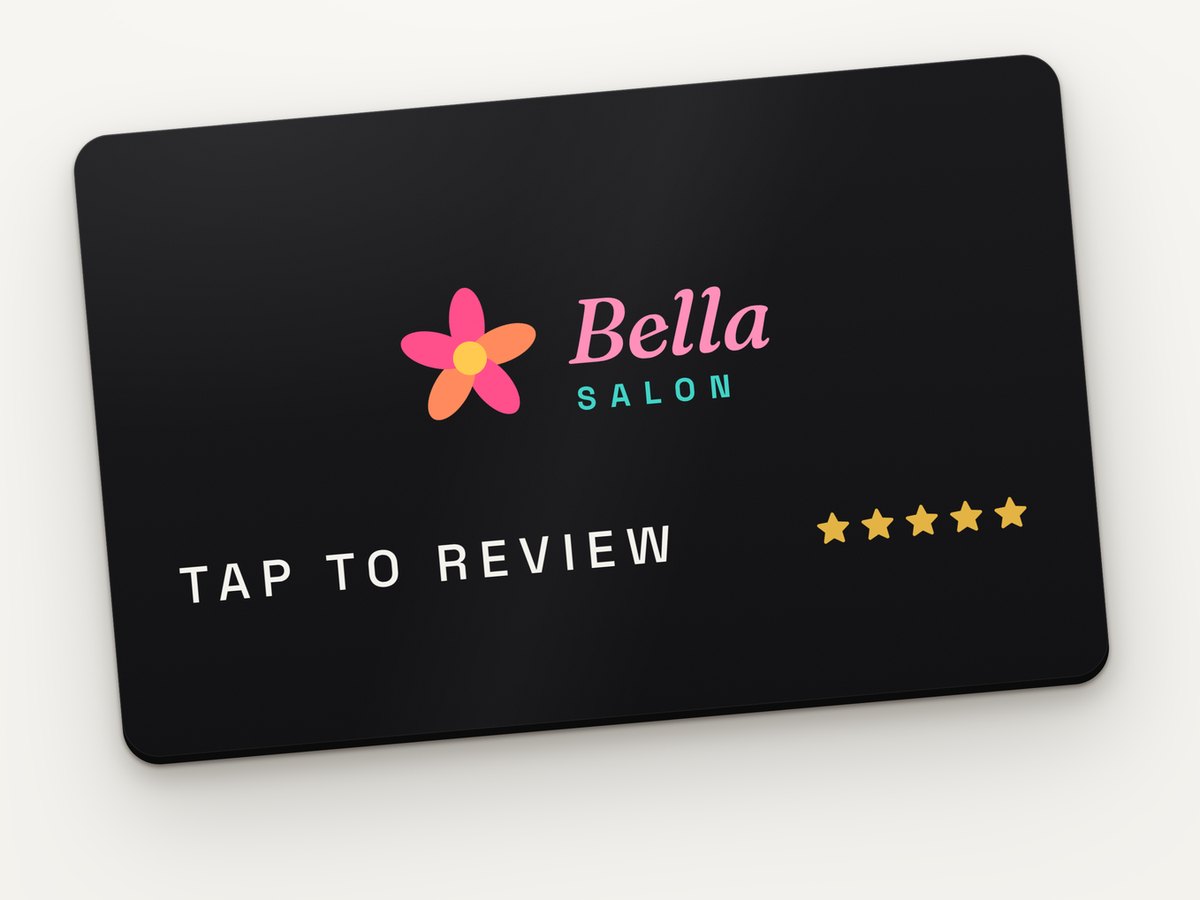 Example custom NFC review card with the Bella Salon logo