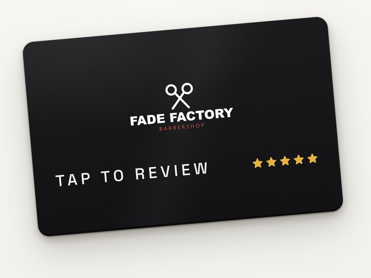 Example custom NFC review card with the Fade Factory barbershop logo