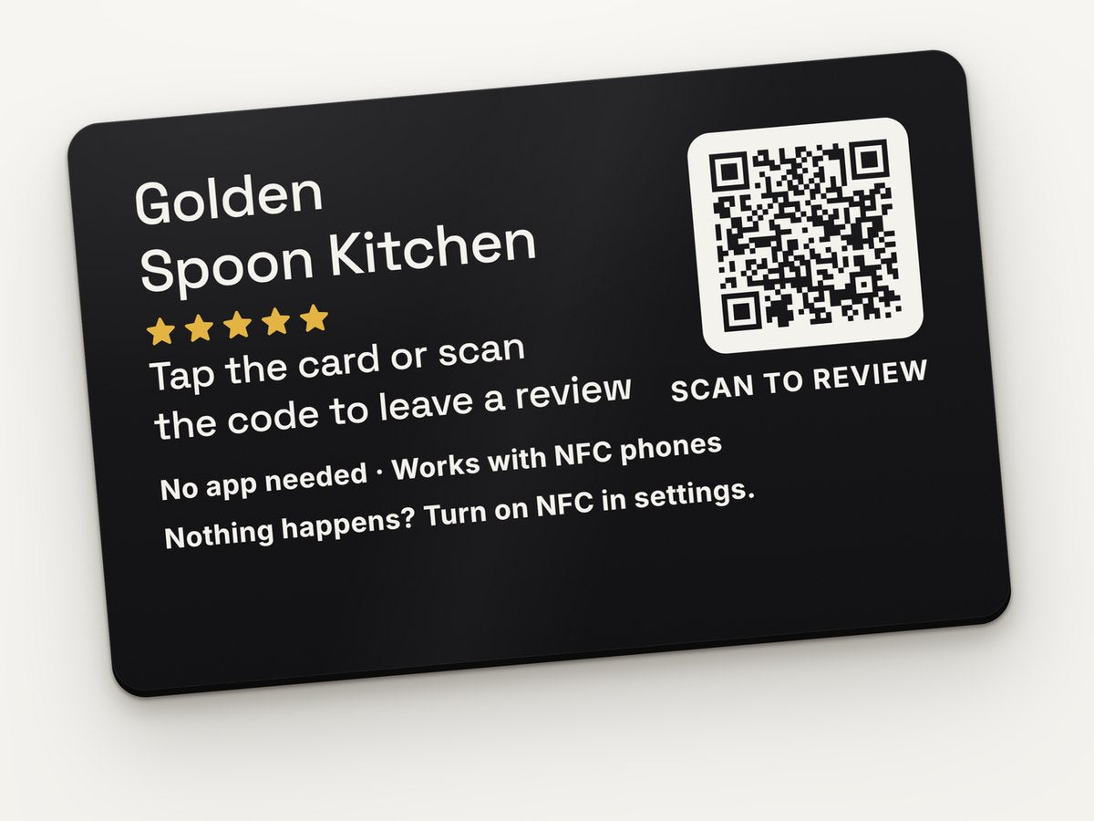 Back of an example custom card with the business name and a QR code
