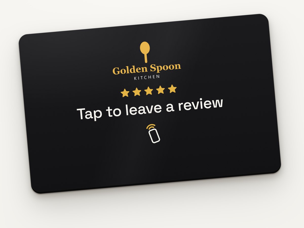 Example custom NFC review card with the Golden Spoon Kitchen logo