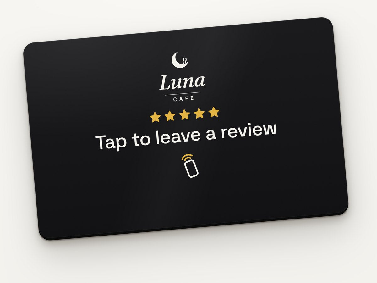 Example custom NFC review card with the Luna Café logo in white