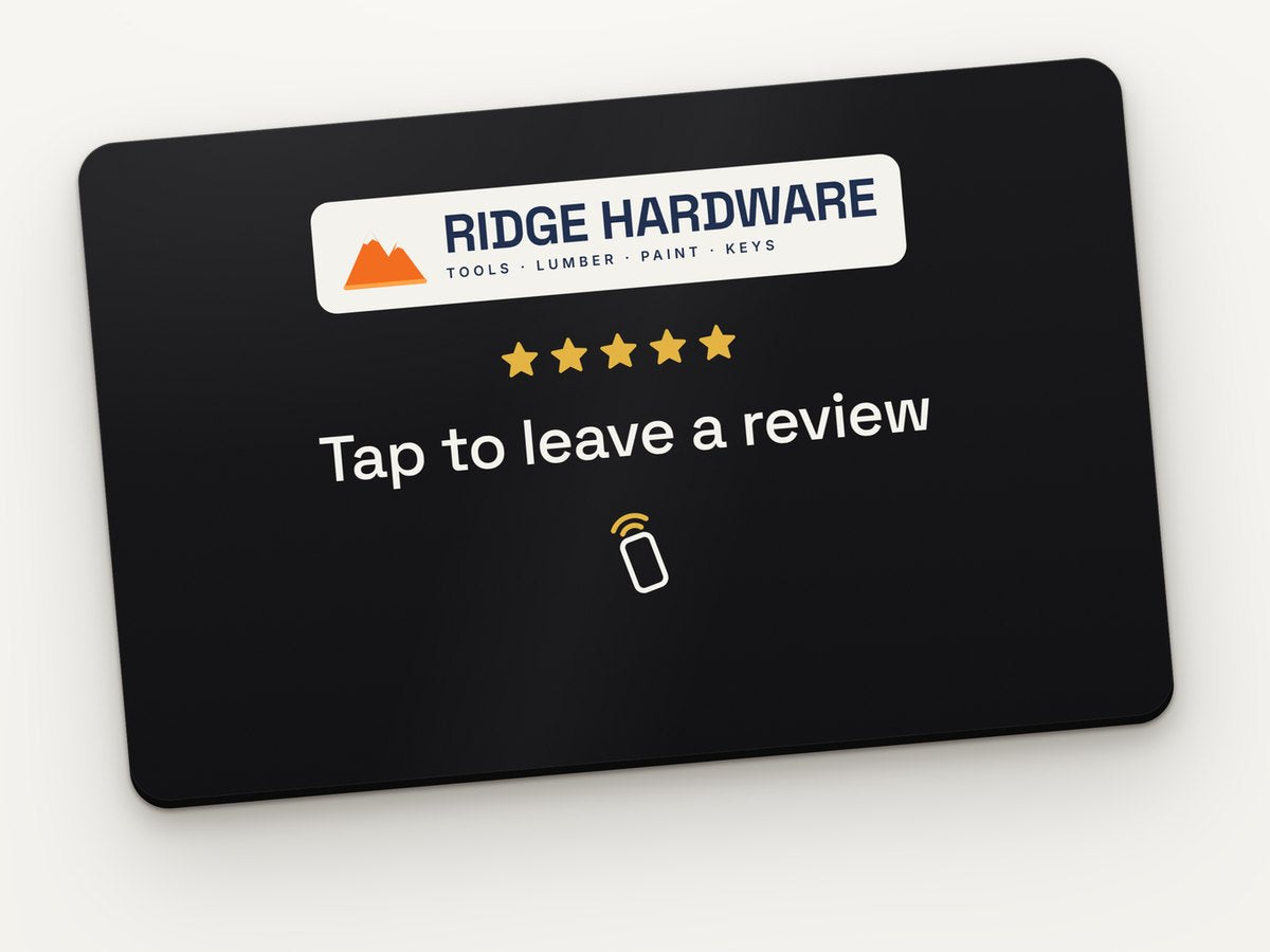 Example custom NFC review card with the Ridge Hardware logo on a white badge